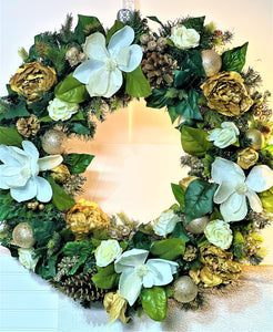 White/Gold Magnolia/Roses Wreath 30"