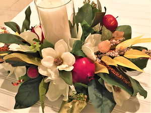 Centerpiece with Glass- Magnolia Centerpiece 23"L X 12" W X10" H