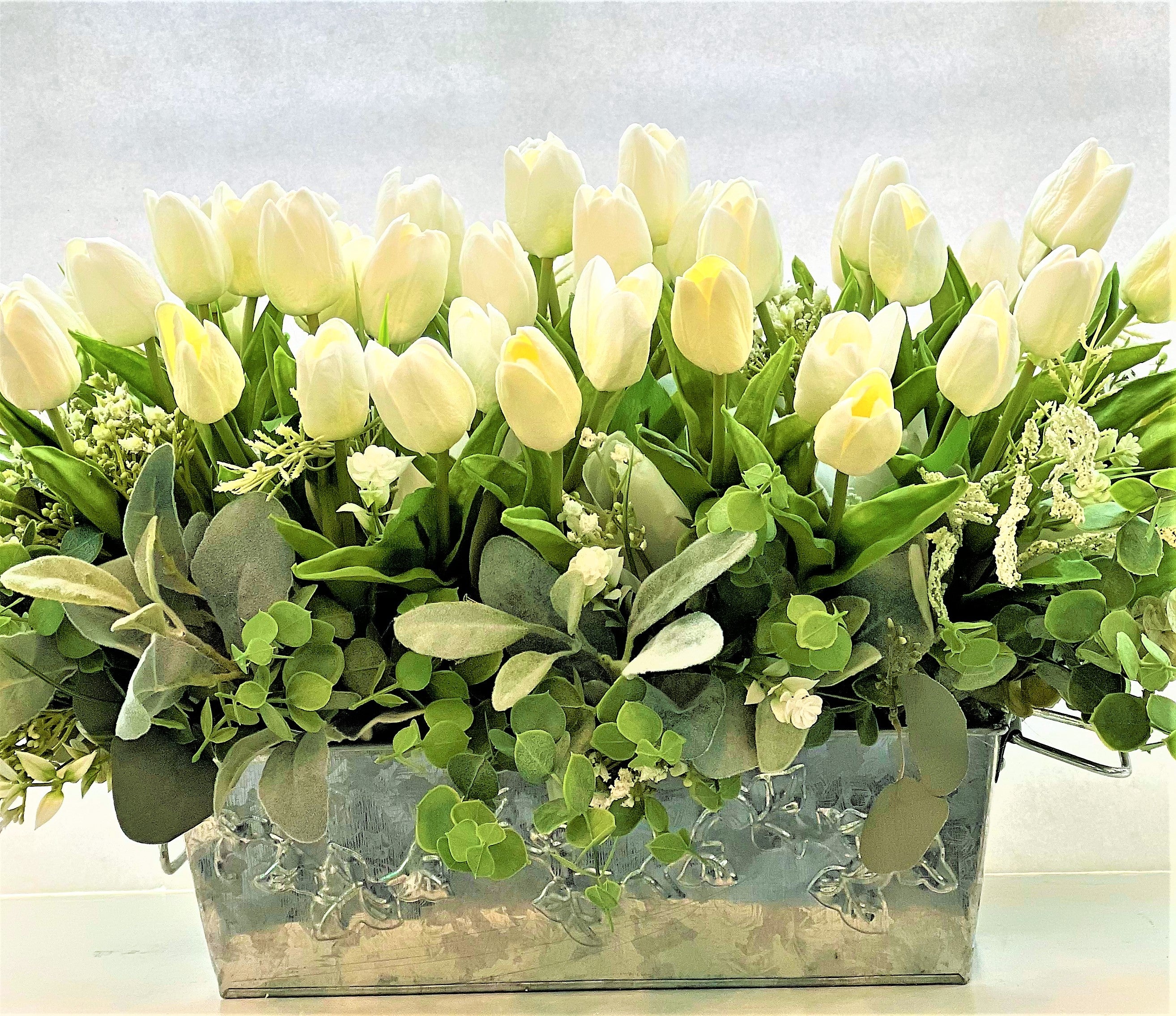Centerpiece- White Tulip Arrangement 22" L X 14" W X 11" H