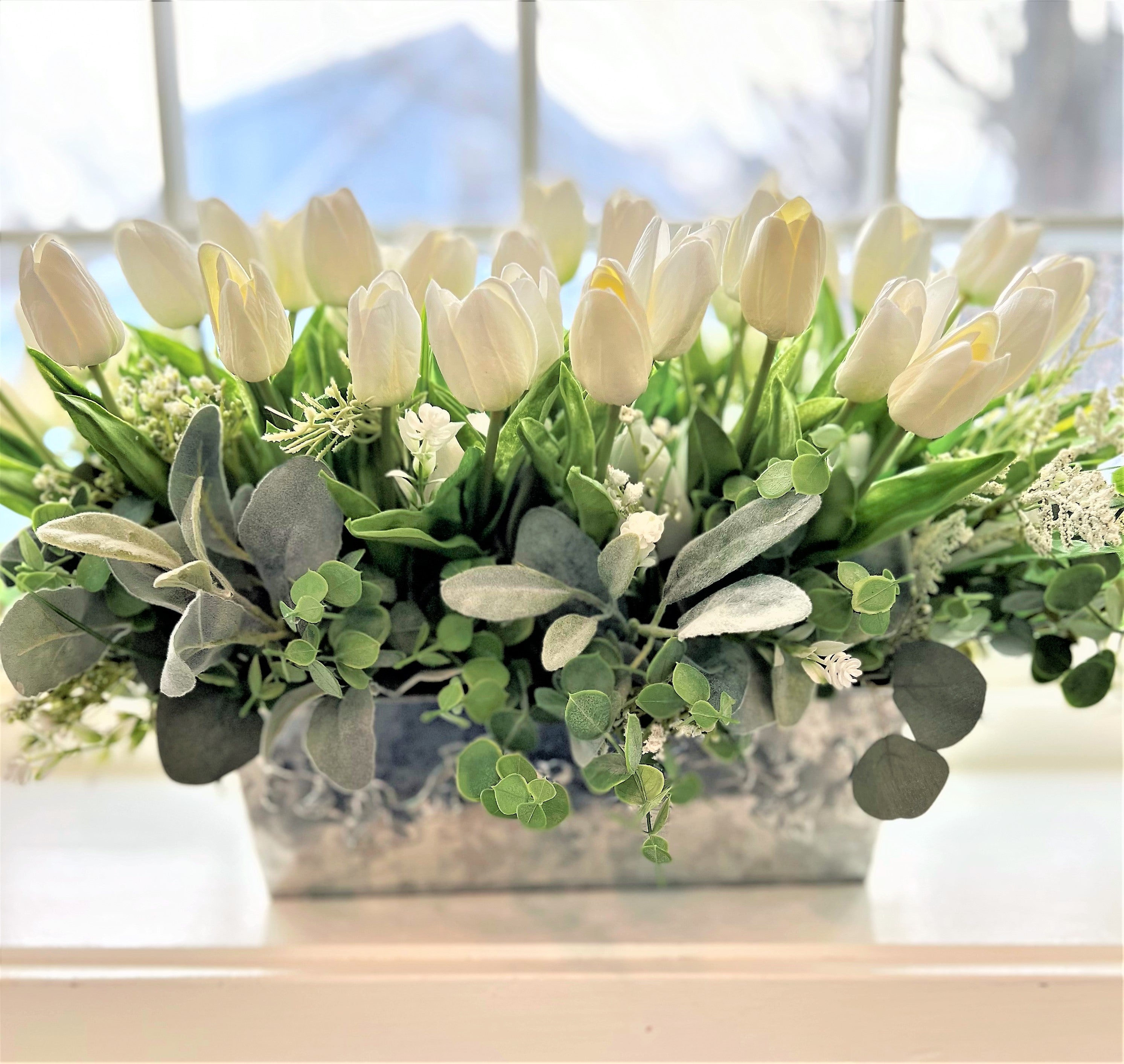 Centerpiece- White Tulip Arangement 24" L X 18" W X 14" H