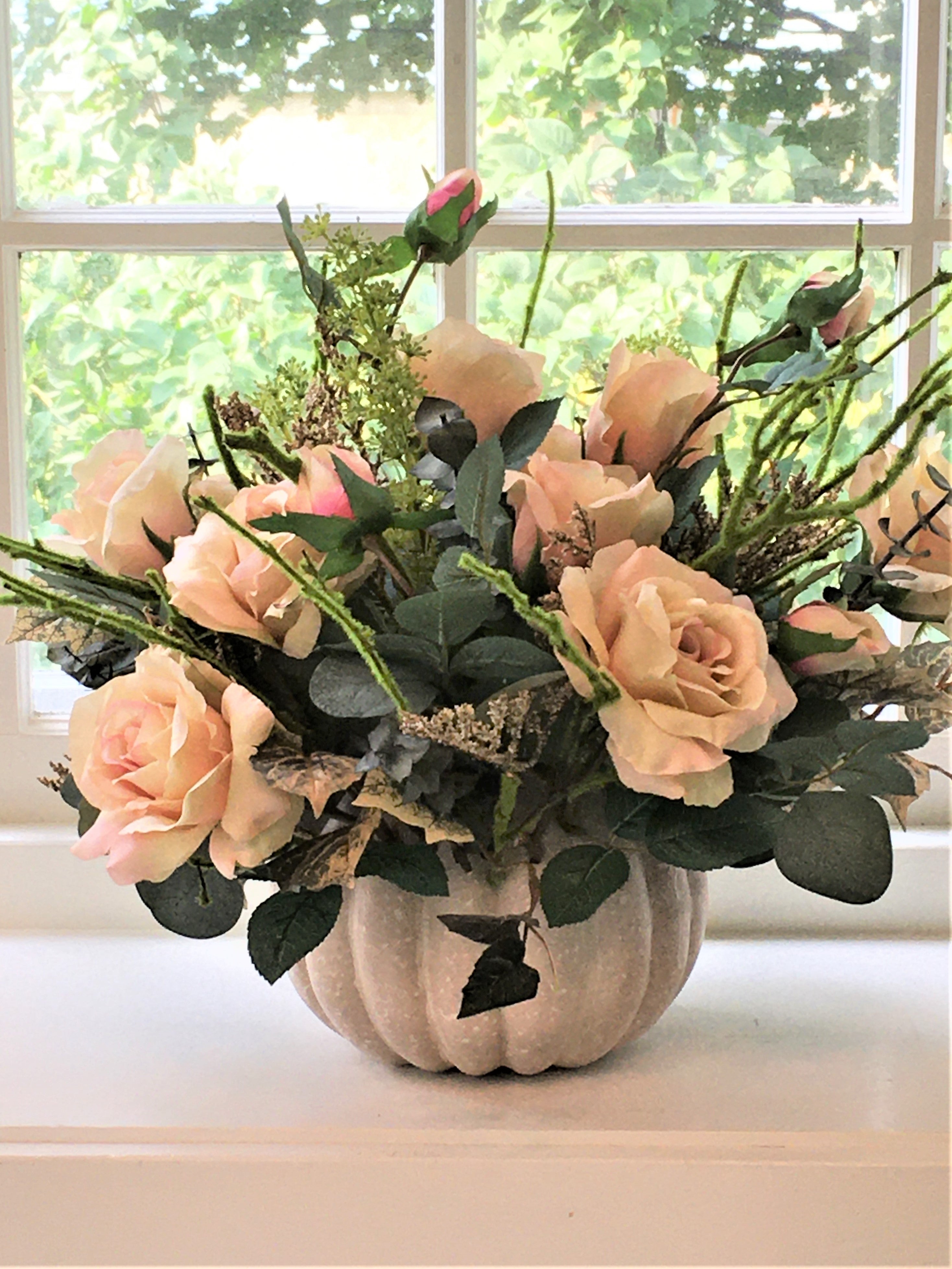 Fall Centerpiece- Pumpkin Floral Arrangement 18" X 16" H X 8" Round bn