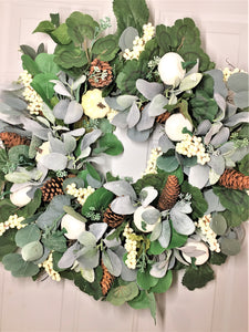 Cream/White Pumpkin, Eucalyptus, Lamb's Ear, And Berries Fall Front Door Wreath 26"