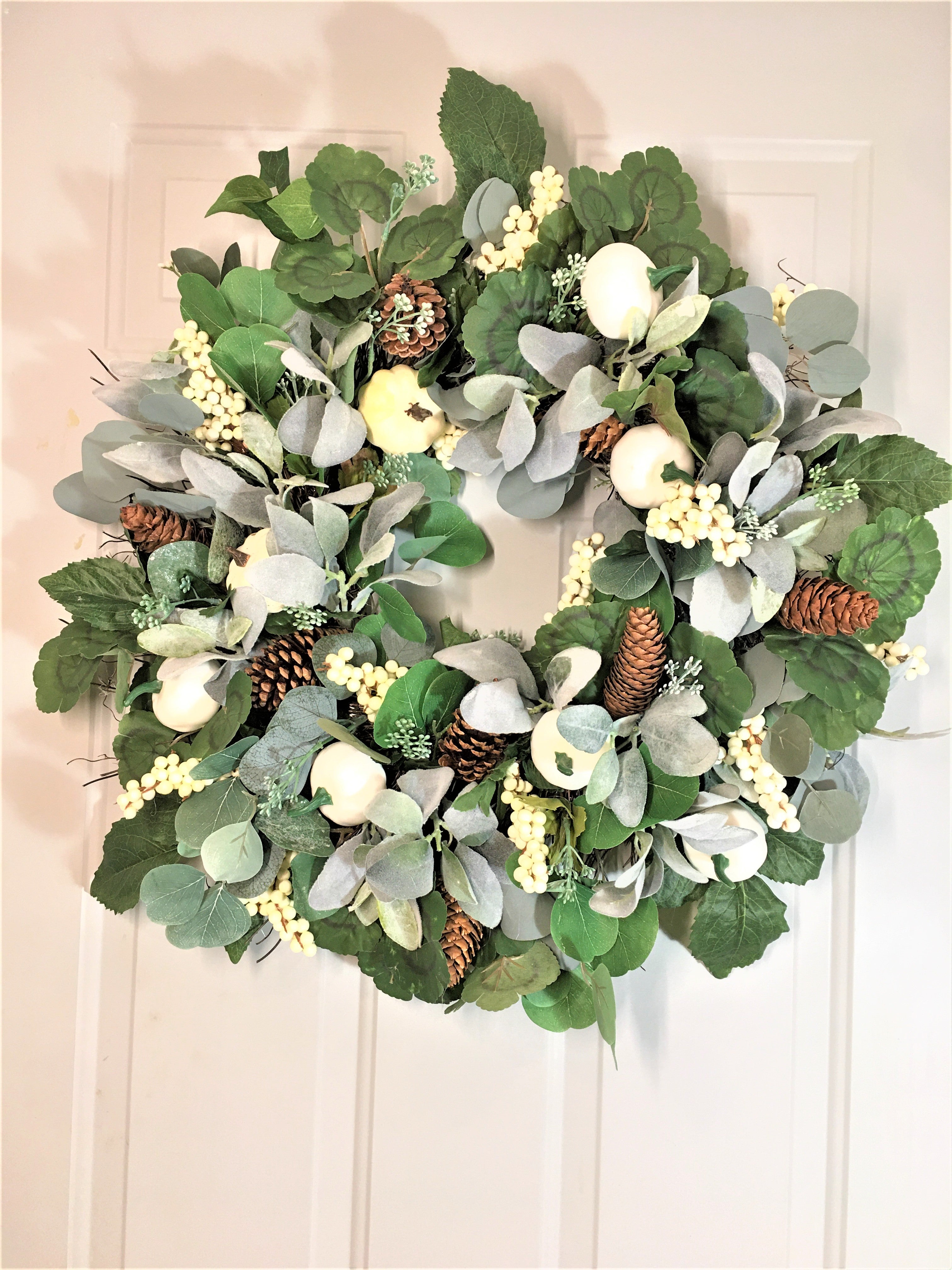 Cream/White Pumpkin, Eucalyptus, Lamb's Ear, And Berries Fall Front Door Wreath 26"