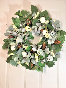Cream/White Pumpkin, Eucalyptus, Lamb's Ear, And Berries Fall Front Door Wreath 26"