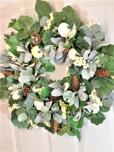 Cream/White Pumpkin, Eucalyptus, Lamb's Ear, And Berries Fall Front Door Wreath 26"