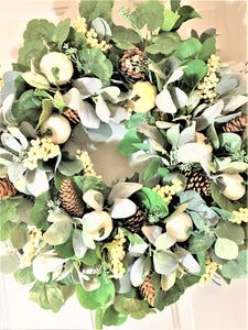 Cream/White Pumpkin, Eucalyptus, Lamb's Ear, And Berries Fall Front Door Wreath 26"