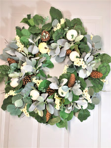 Cream/White Pumpkin, Eucalyptus, Lamb's Ear, And Berries Fall Front Door Wreath 26"