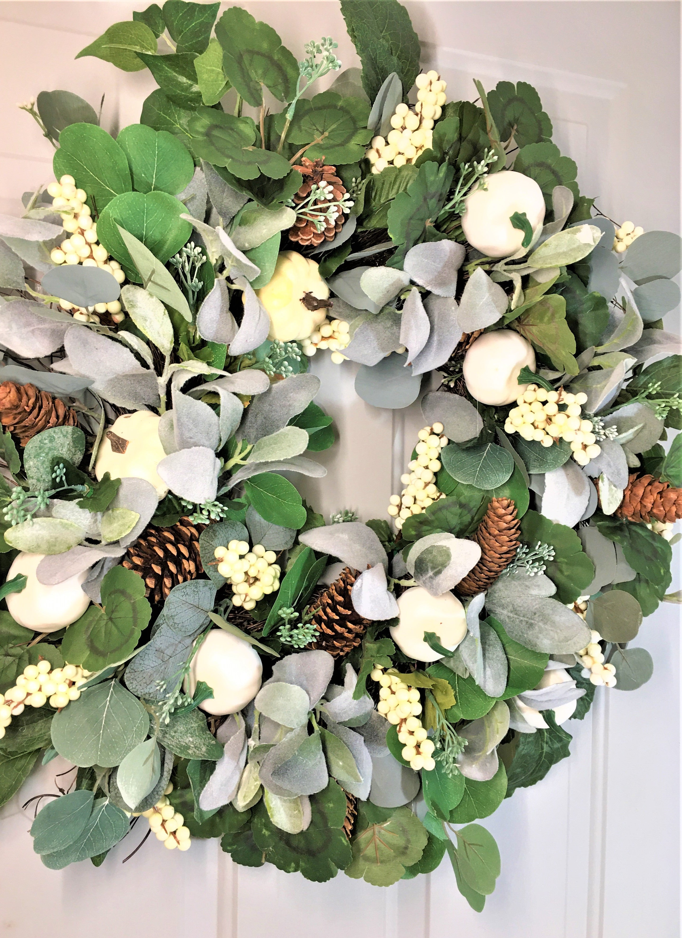 Cream/White Pumpkin, Eucalyptus, Lamb's Ear, And Berries Fall Front Door Wreath 26"