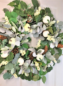 Cream/White Pumpkin, Eucalyptus, Lamb's Ear, And Berries Fall Front Door Wreath 26"