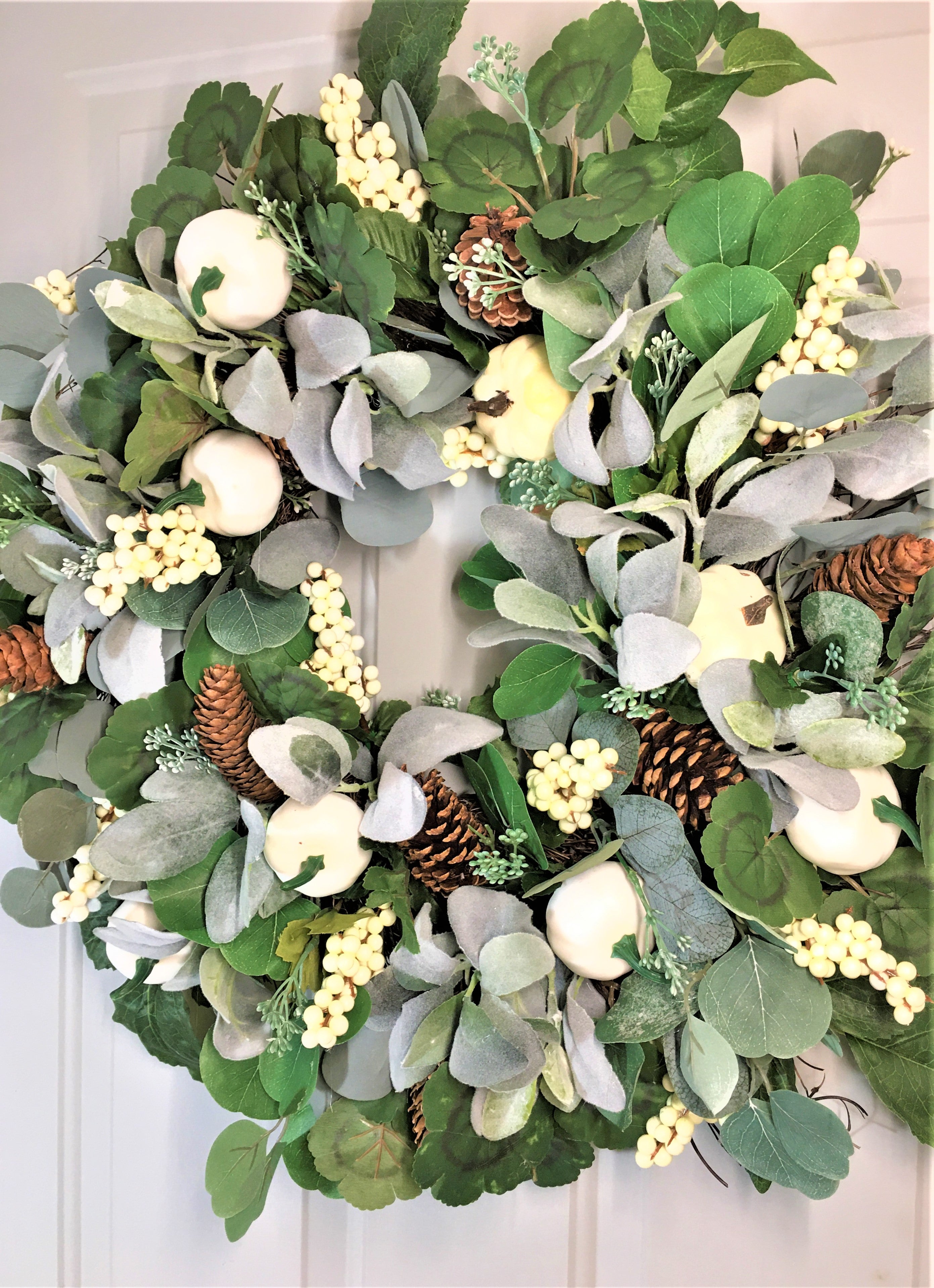 Cream/White Pumpkin, Eucalyptus, Lamb's Ear, And Berries Fall Front Door Wreath 26"