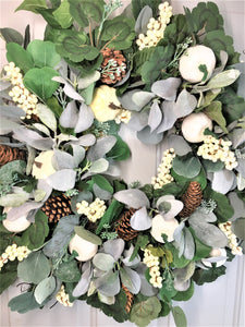 Cream/White Pumpkin, Eucalyptus, Lamb's Ear, And Berries Fall Front Door Wreath 26"
