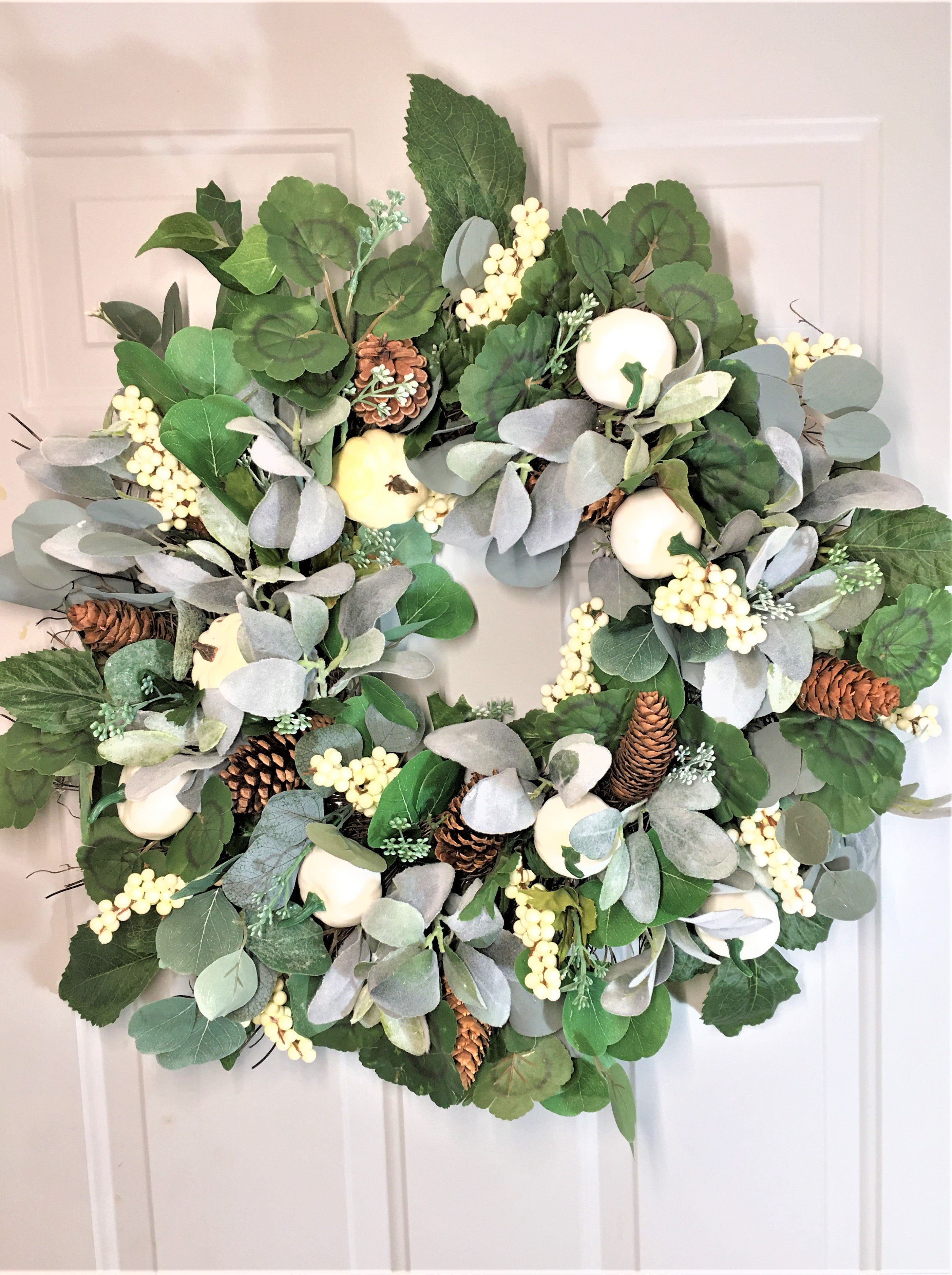 Cream/White Pumpkin, Eucalyptus, Lamb's Ear, And Berries Fall Front Door Wreath 26"