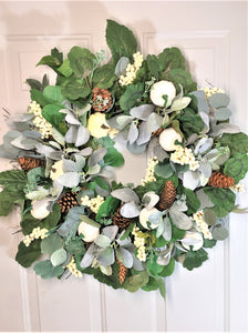 Cream/White Pumpkin, Eucalyptus, Lamb's Ear, And Berries Fall Front Door Wreath 26"