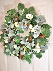 Cream/White Pumpkin, Eucalyptus, Lamb's Ear, And Berries Fall Front Door Wreath 26"