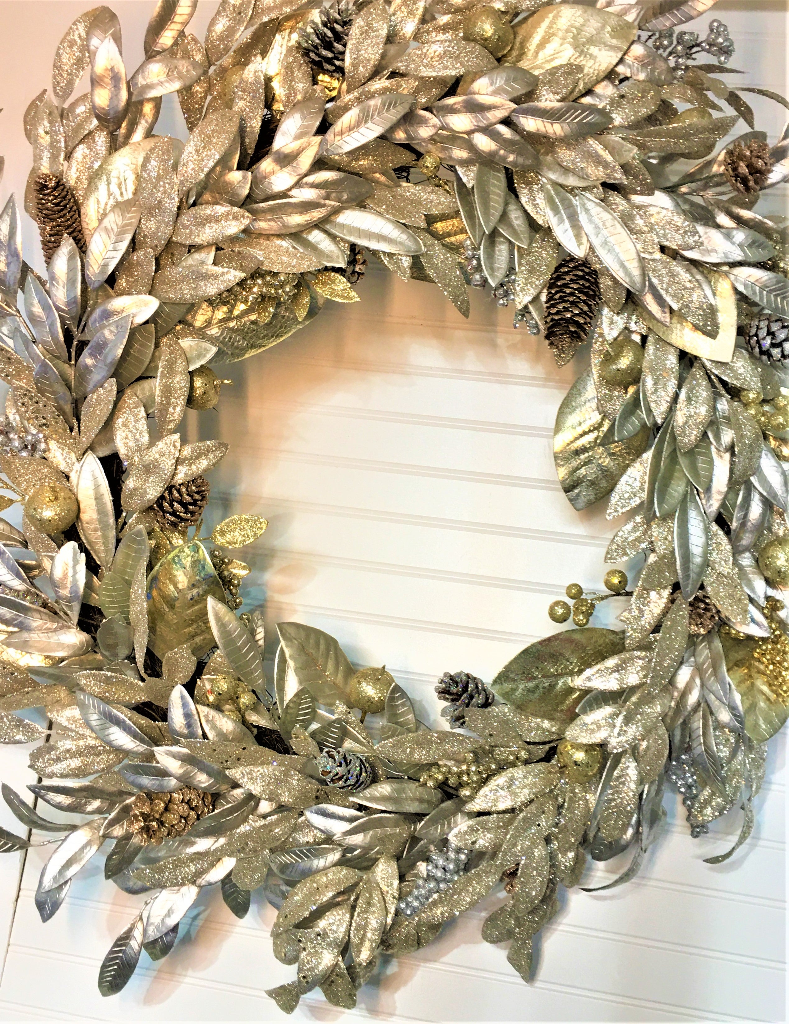 Xmas Wreath, Gold & Silver Magnolia Wreath 36"