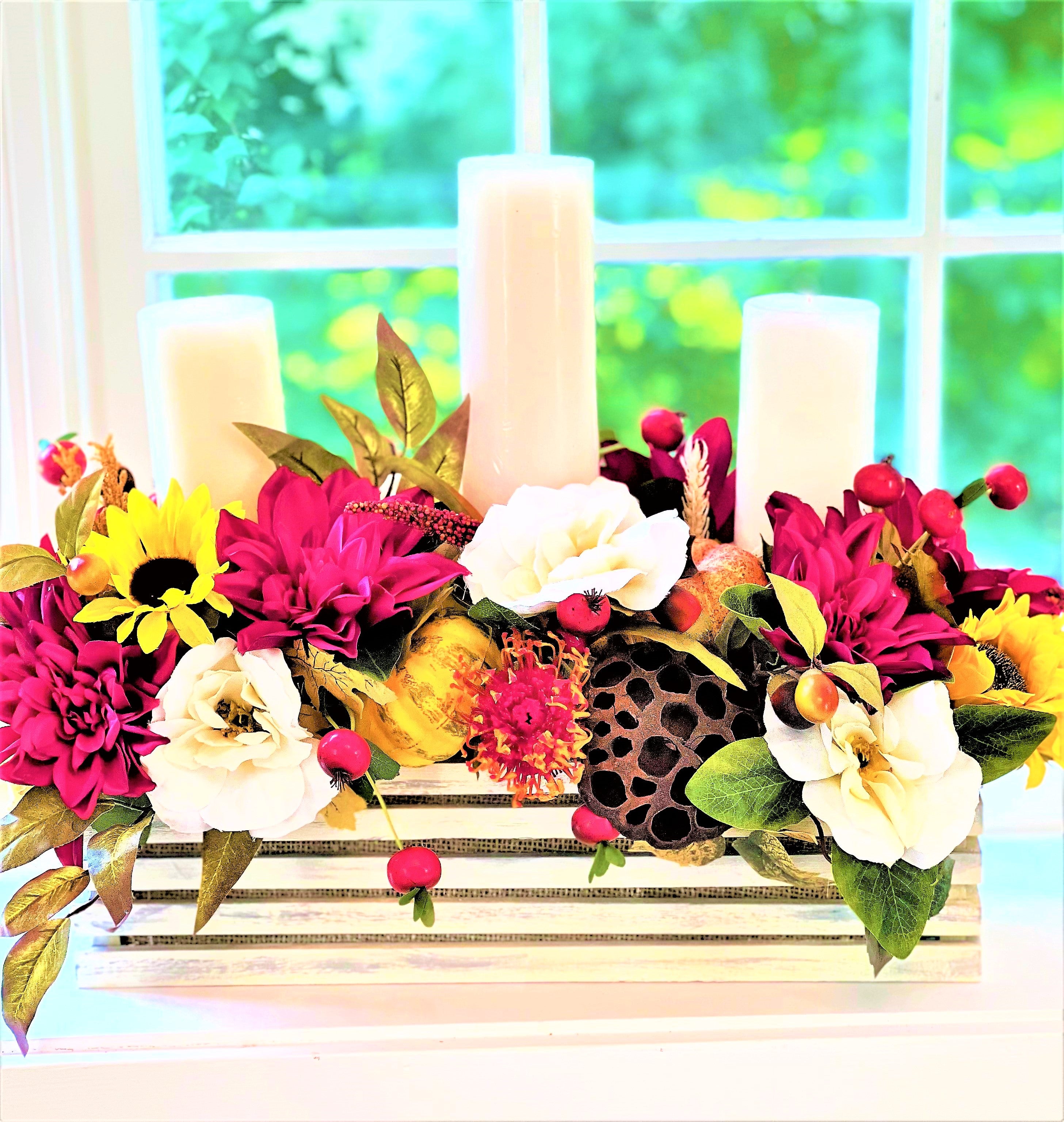 Rustic Fall Centerpiece, Candle Centerpiece  19" L X 15W X 12"