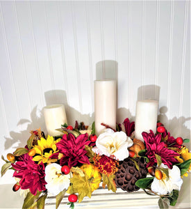 Rustic Fall Centerpiece, Fall Centerpiece, Table Candle Centerpiece  19" L X 15W X 12"