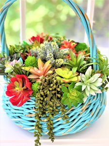 Succulent Basket-Wicker Basket- Turquoise Basket_ Flower Arrangement 15"W X 16"H