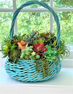 Succulent Basket-Wicker Basket- Turquoise Basket_ Flower Arrangement 15"W X 16"H