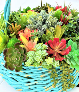 Succulent Basket-Wicker Basket- Turquoise Basket_ Flower Arrangement 15"W X 16"H