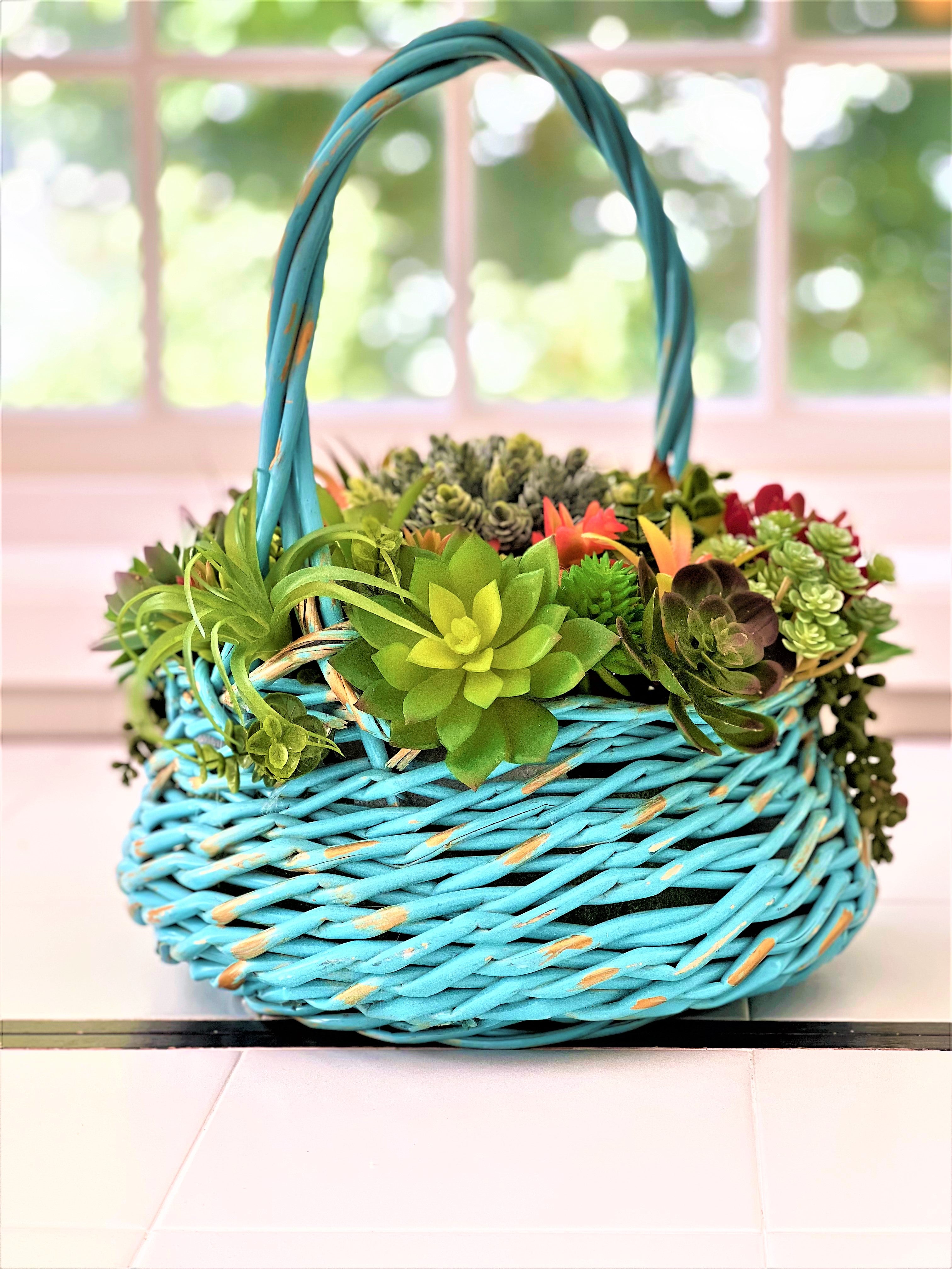 Succulent Basket-Wicker Basket- Turquoise Basket_ Flower Arrangement 15"W X 16"H