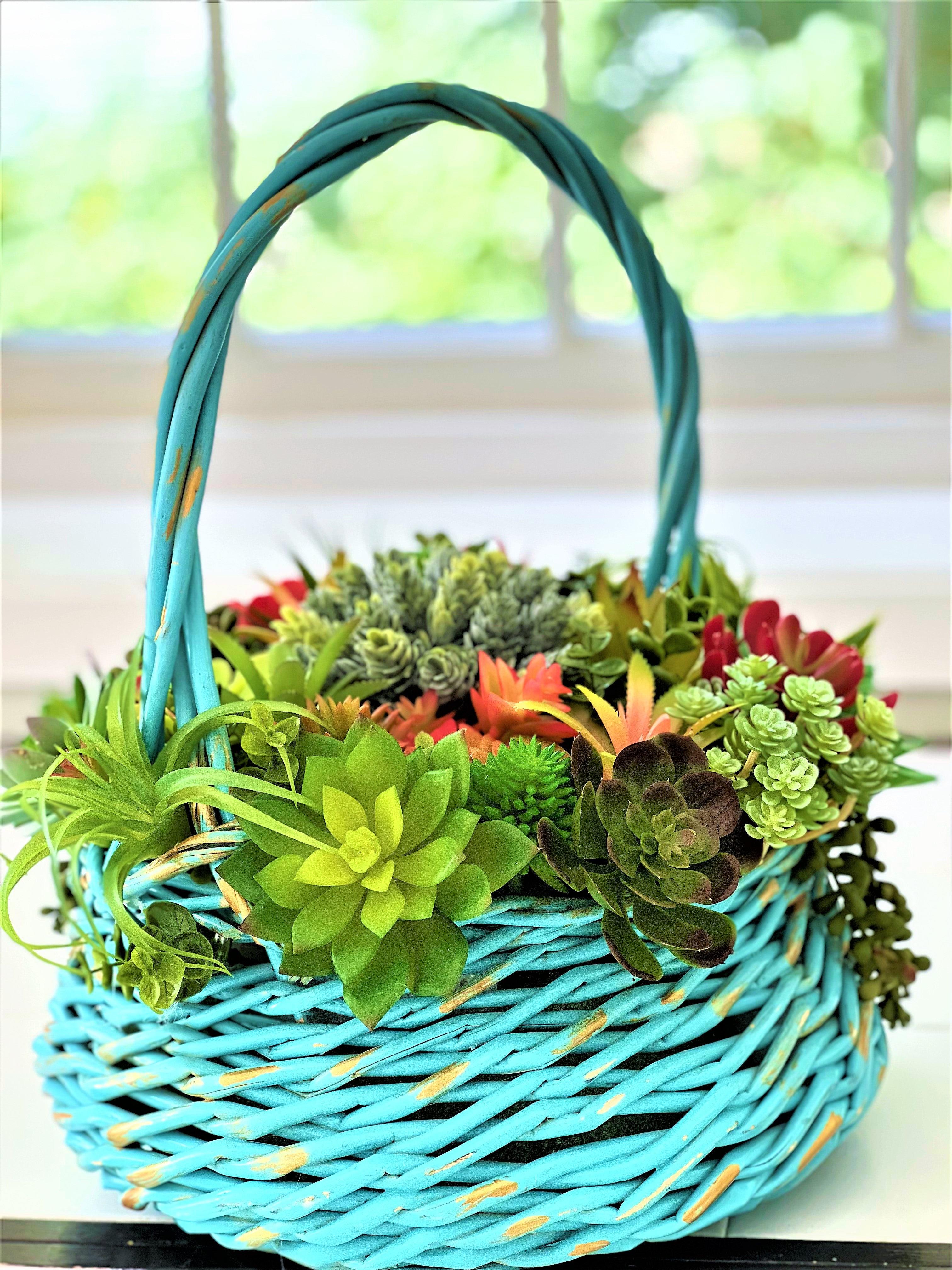 Succulent Basket-Wicker Basket- Turquoise Basket_ Flower Arrangement 15"W X 16"H