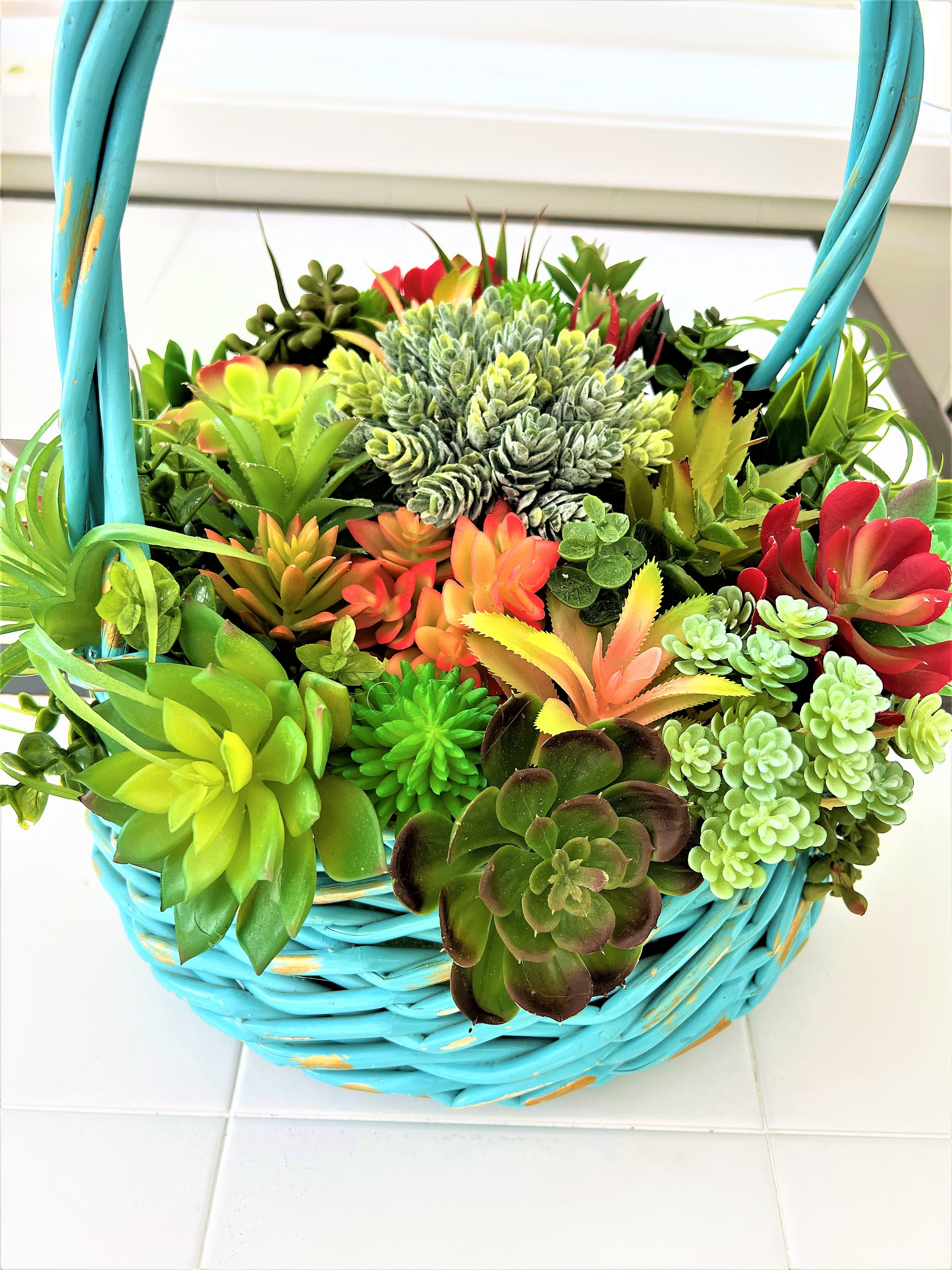 Succulent Basket-Wicker Basket- Turquoise Basket_ Flower Arrangement 15"W X 16"H