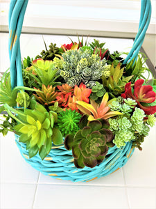 Succulent Basket-Wicker Basket- Turquoise Basket_ Flower Arrangement 15"W X 16"H