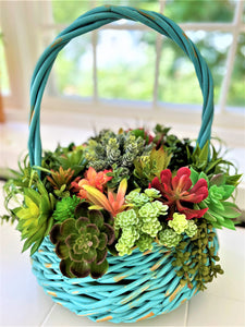 Succulent Basket-Wicker Basket- Turquoise Basket_ Flower Arrangement 15"W X 16"H