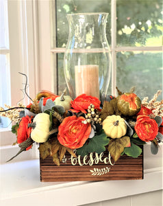 Thanksgiving Candle Centerpiece with Hurricane Glass 21" L X 15" W