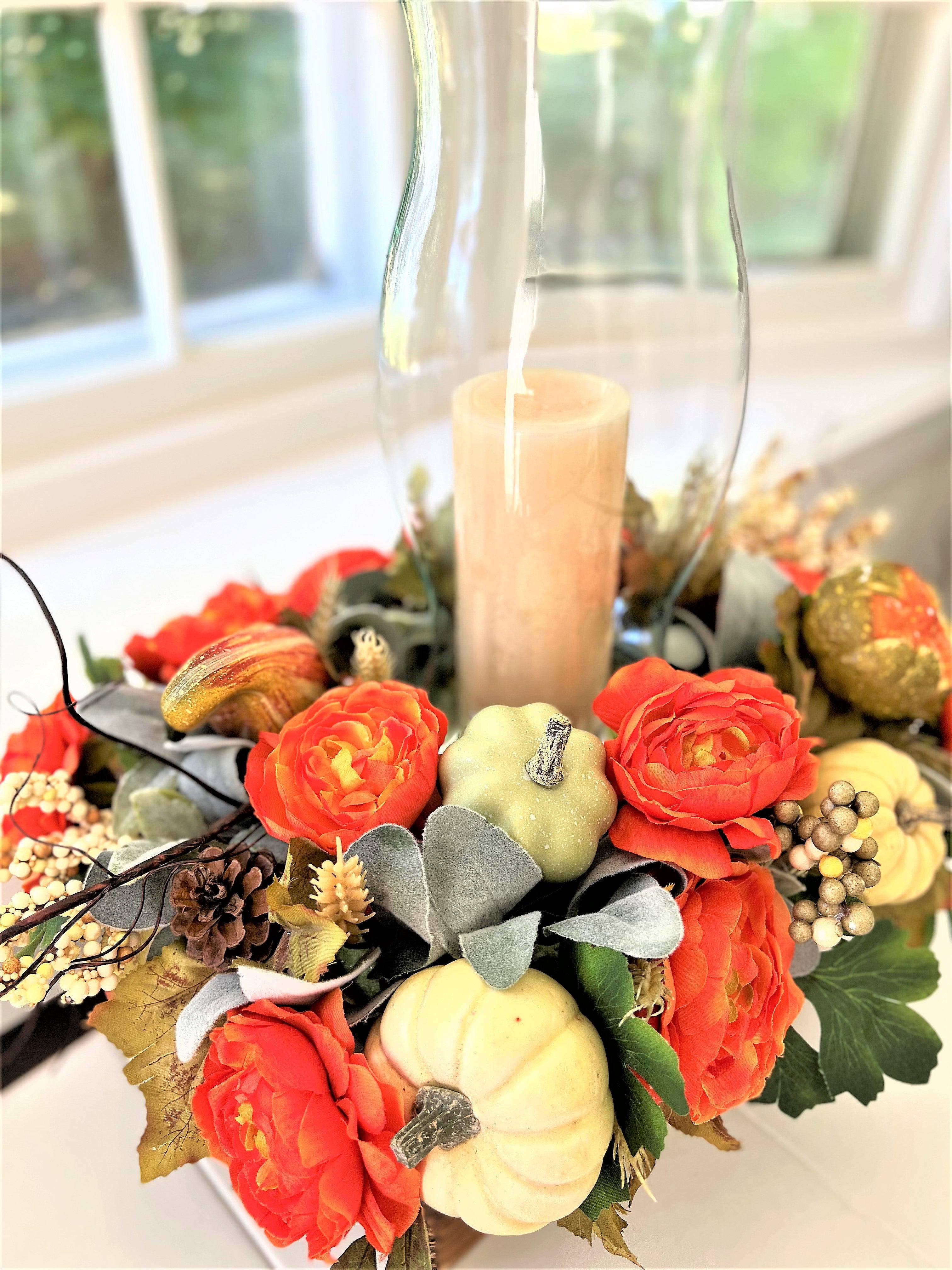 Thanksgiving Candle Centerpiece with Hurricane Glass 21" L X 15" W