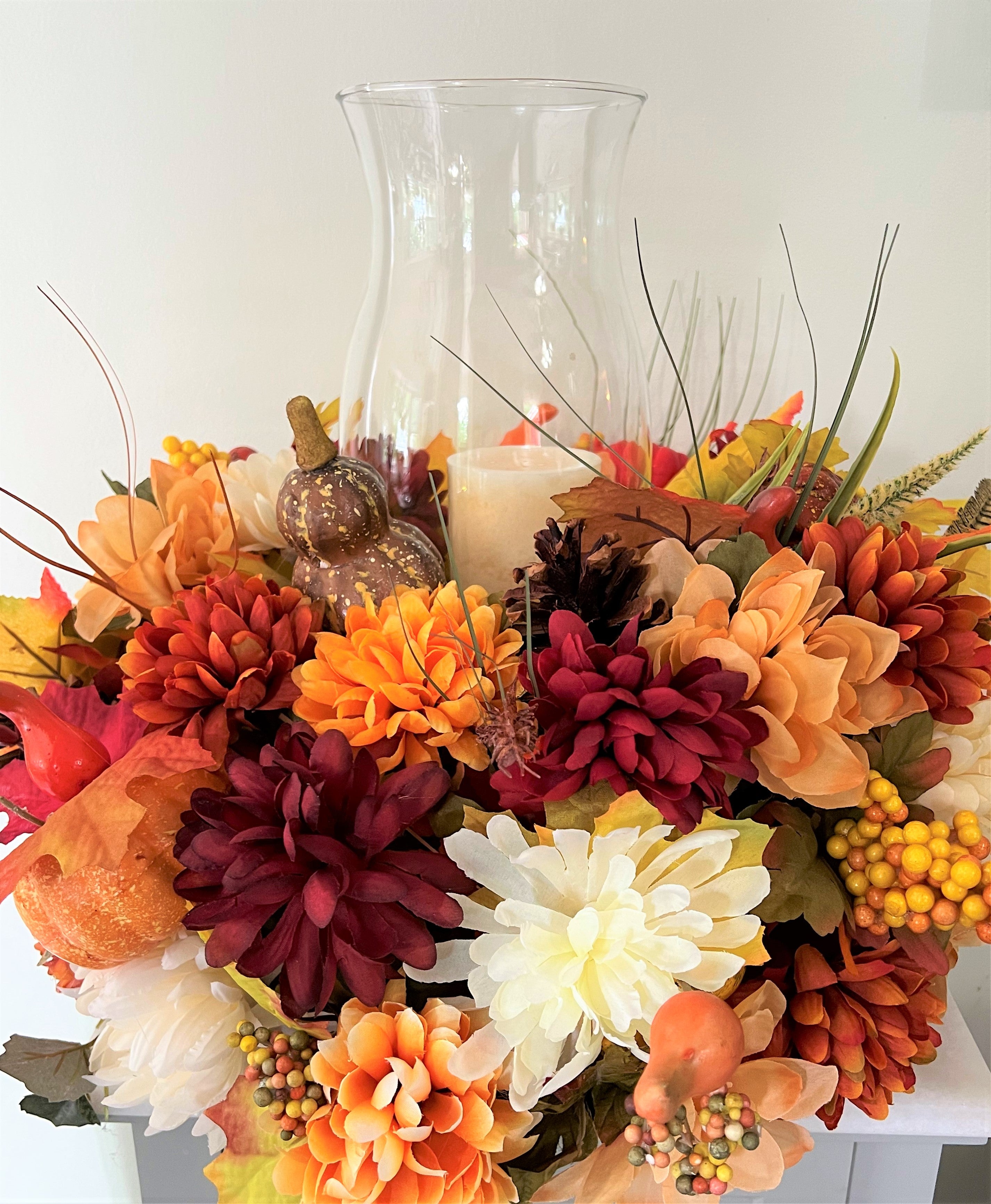Centerpiece-Harvest Pumpkin Centerpiece 10H"x 15" Round x 11.5" Hurricane Vase
