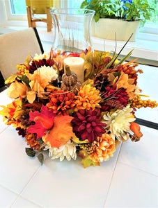 Centerpiece-Harvest Pumpkin Centerpiece 10H"x 15" Round x 11.5" Hurricane Vase