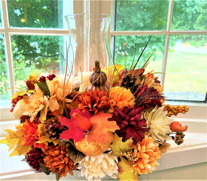 Centerpiece-Harvest Pumpkin Centerpiece 10H"x 15" Round x 11.5" Hurricane Vase