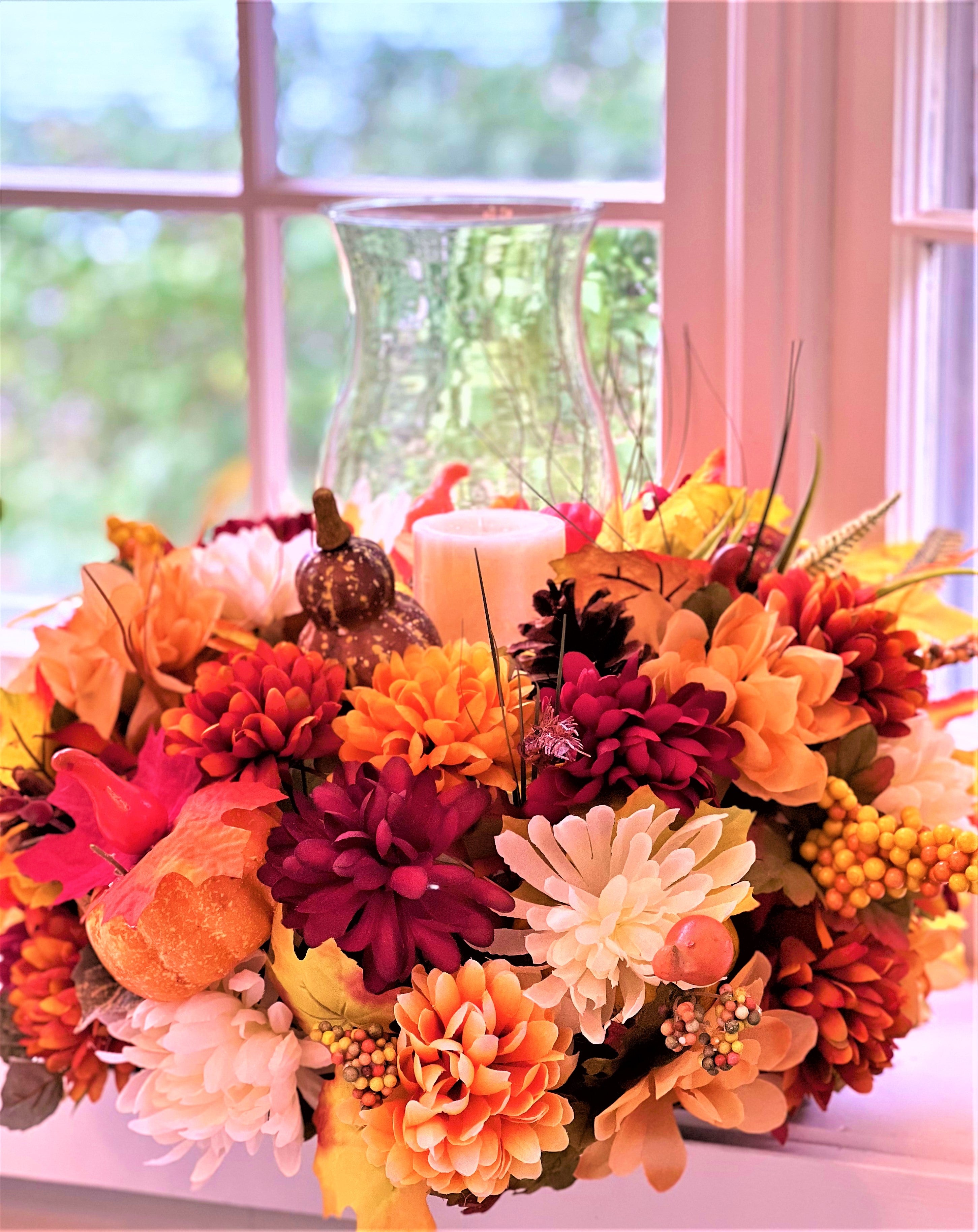 Centerpiece-Harvest Pumpkin Centerpiece 10H"x 15" Round x 11.5" Hurricane Vase