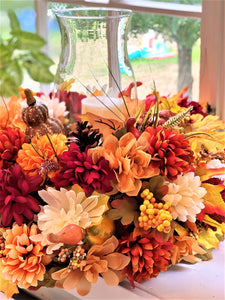Centerpiece-Harvest Pumpkin Centerpiece 10H"x 15" Round x 11.5" Hurricane Vase