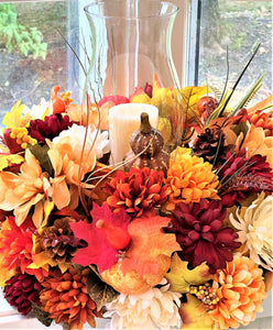 Centerpiece-Harvest Pumpkin Centerpiece 10H"x 15" Round x 11.5" Hurricane Vase