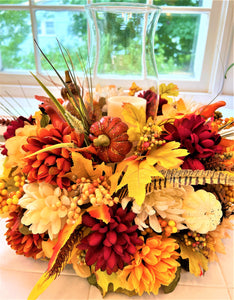 Centerpiece-Harvest Pumpkin Centerpiece 10H"x 15" Round x 11.5" Hurricane Vase