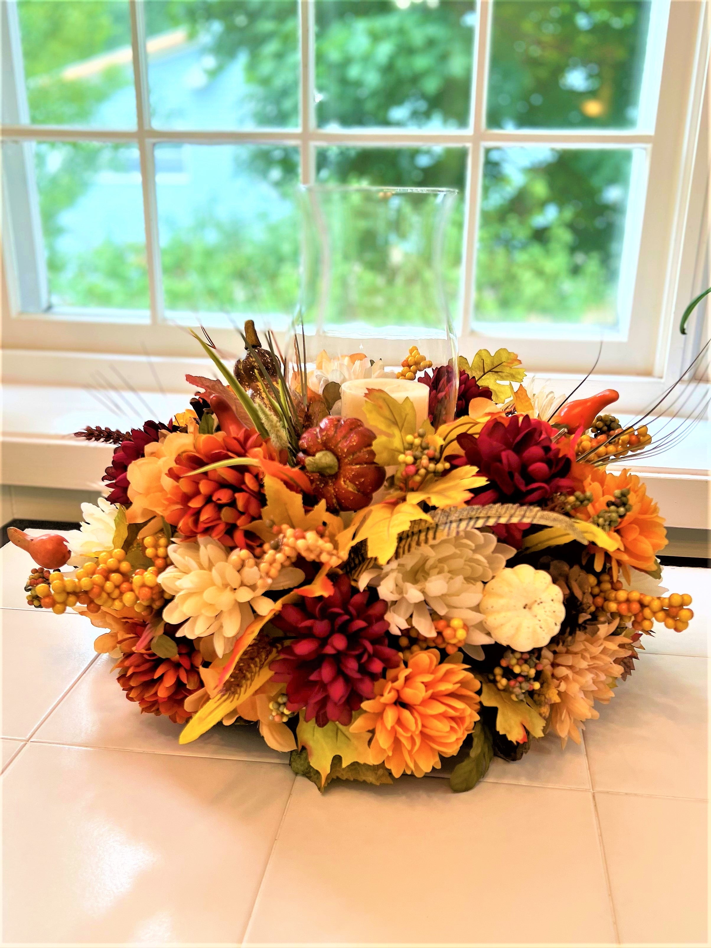 Centerpiece-Harvest Pumpkin Centerpiece 10H"x 15" Round x 11.5" Hurricane Vase