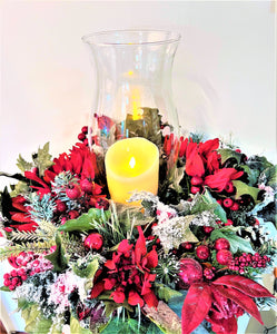 Christmas Centerpiece-Flocked Centerpiece with Hurricane Vase 20" diameter x 9' H