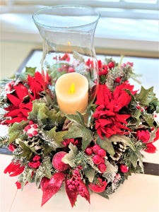 Christmas Centerpiece-Flocked Centerpiece with Hurricane Vase 20" diameter x 9' H