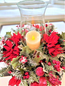 Christmas Centerpiece-Flocked Centerpiece with Hurricane Vase 20" diameter x 9' H