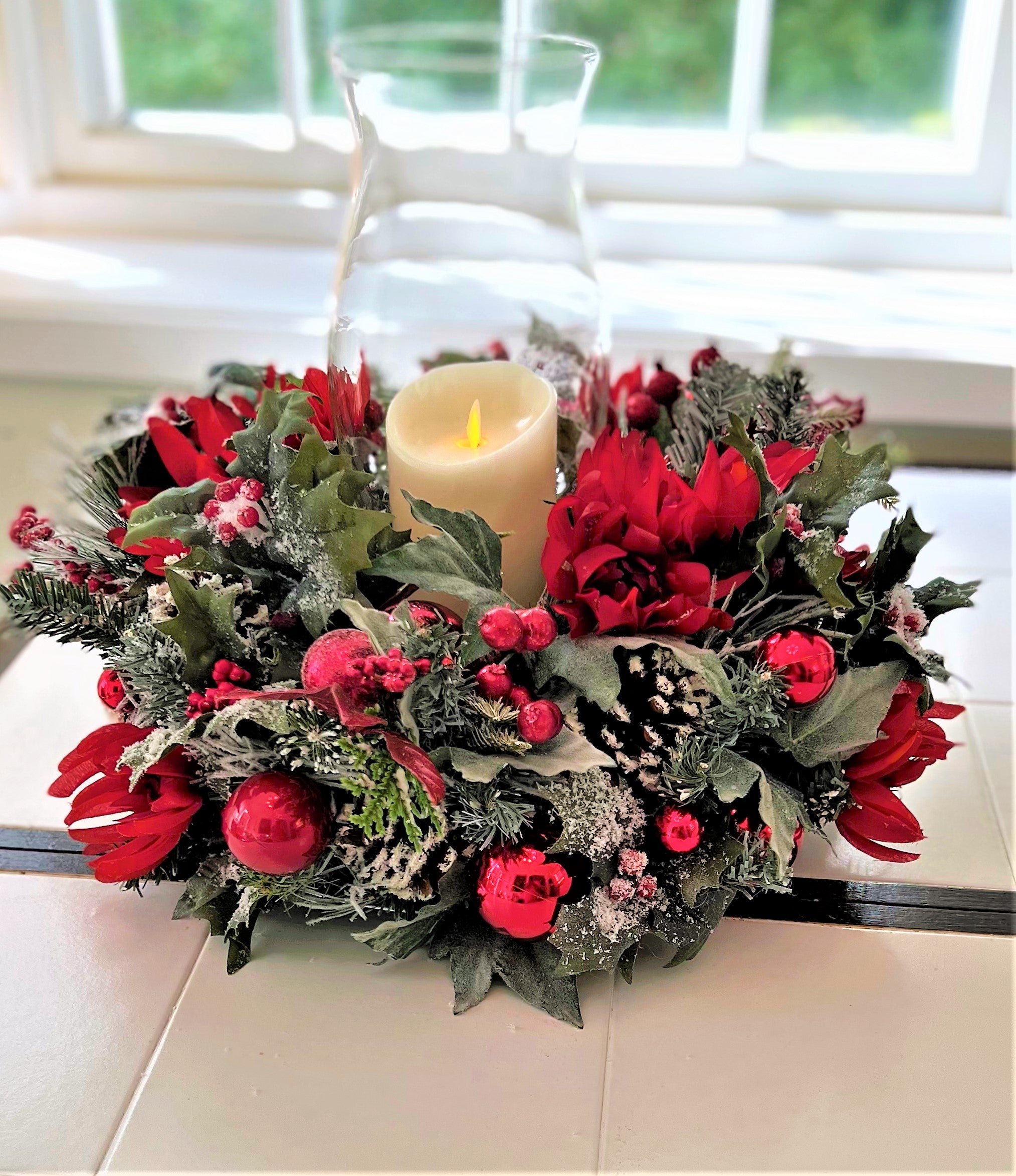 Christmas Centerpiece-Flocked Centerpiece with Hurricane Vase 20" diameter x 9' H