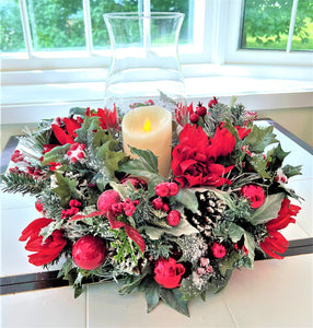 Christmas Centerpiece-Flocked Centerpiece with Hurricane Vase 20" diameter x 9' H