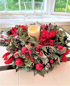 Christmas Centerpiece-Flocked Centerpiece with Hurricane Vase 20" diameter x 9' H