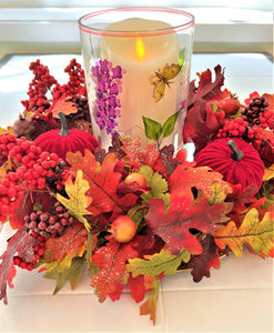 Fall Centerpiece-Berry Extravaganza 19" Diameter X 5" H Stained Glass Hurricane 6" H X 5" W