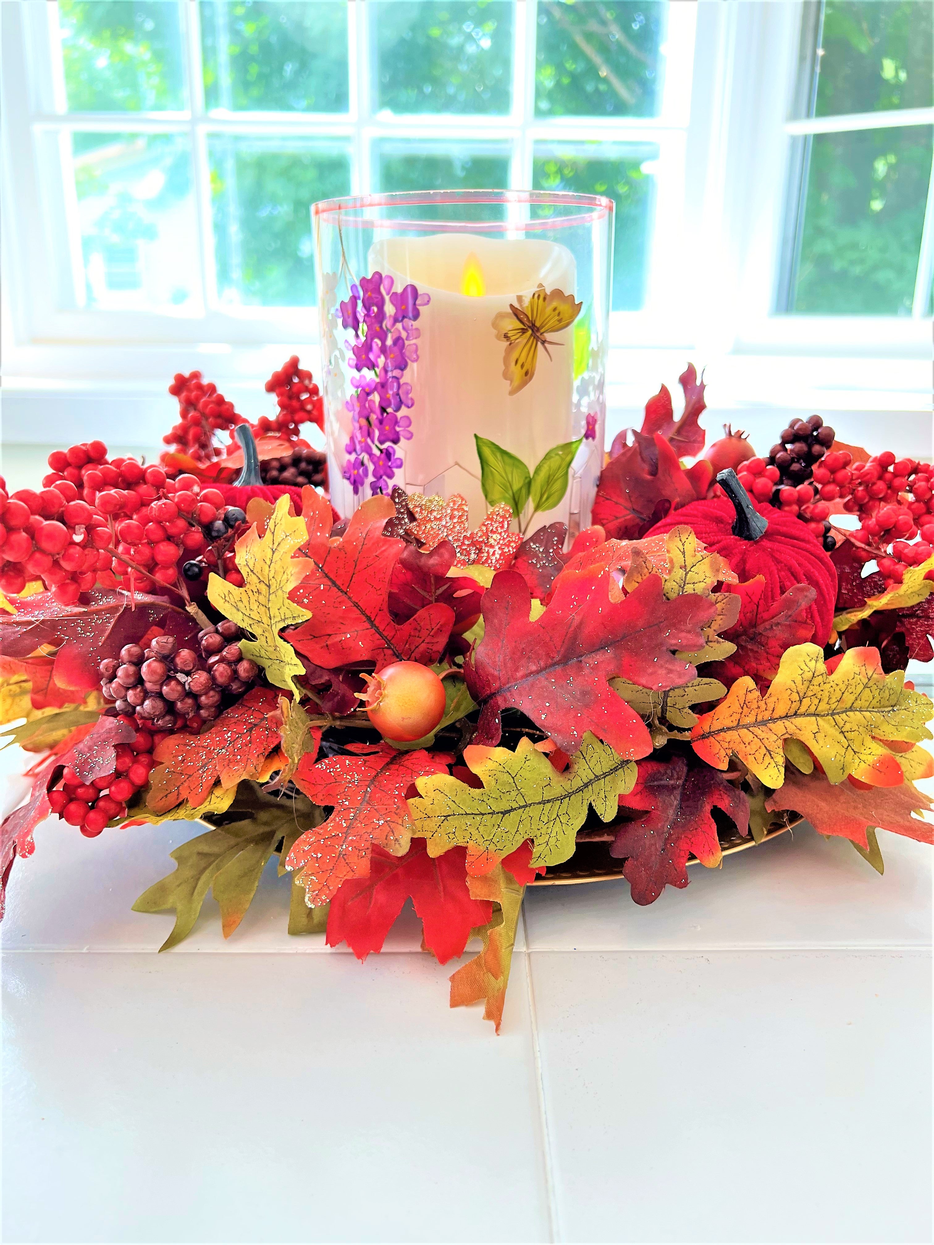Fall Centerpiece-Berry Extravaganza 19" Diameter X 5" H Stained Glass Hurricane 6" H X 5" W