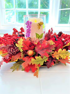 Fall Centerpiece-Berry Extravaganza 19" Diameter X 5" H Stained Glass Hurricane 6" H X 5" W