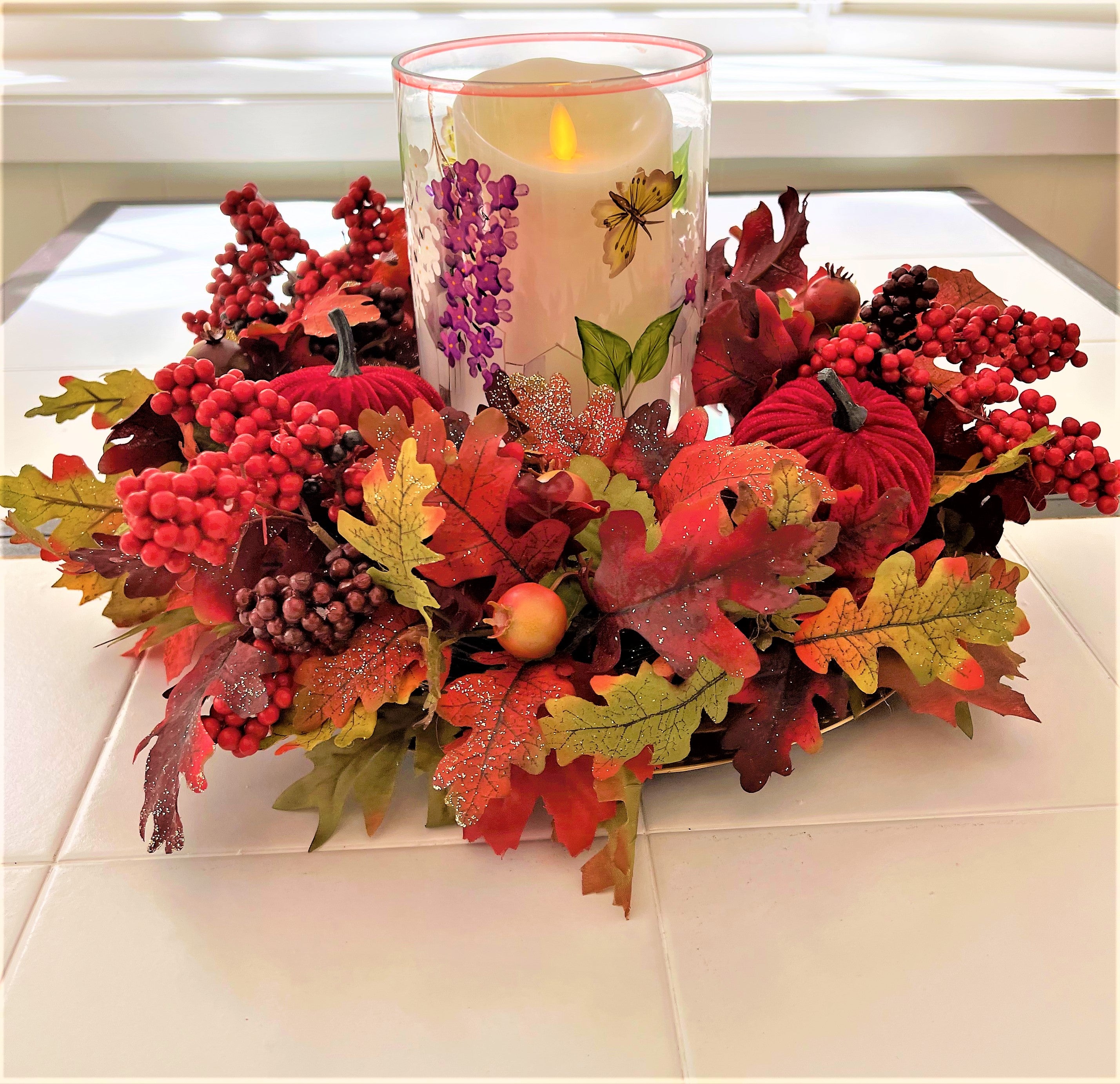 Fall Centerpiece-Berry Extravaganza 19" Diameter X 5" H Stained Glass Hurricane 6" H X 5" W