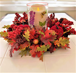 Fall Centerpiece-Berry Extravaganza 19" Diameter X 5" H Stained Glass Hurricane 6" H X 5" W